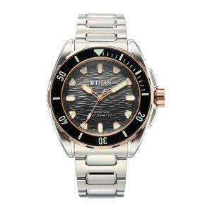 Titan Zero Hour Diver's 300m Automatic Analog with Black Dial Silver Stainless Steel & Black FKM Strap Watch for Men - 10069KM02